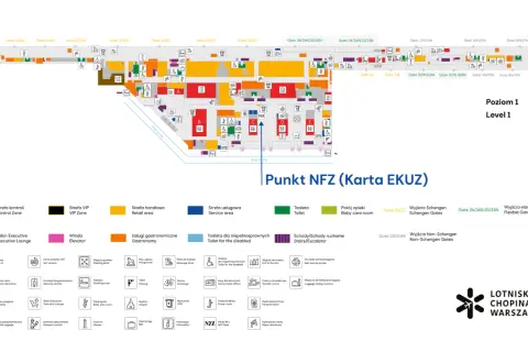 Mapa lotniska Chopina w Warszawie, Poziom 1. Widoczna jest karta EKUZ, oznaczenia bramek, stref kontroli, handlowych, usługowych, toalet i innych udogodnień.