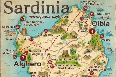 Mapa Sardynii z zaznaczonymi atrakcjami: Alghero, Olbia, Porto Cervo, La Pelosa. Co zobaczyć na wyspie?