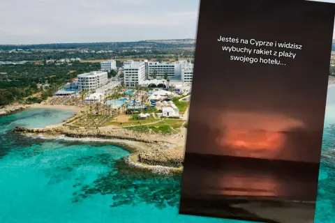 Widok na kurort na Cyprze z hotelami i plażą. Na pierwszym planie tekst: "Jesteś na Cyprze i widzisz wybuchy rakiet z plaży swojego hotelu...". Czy Cypr jest bezpieczny?
