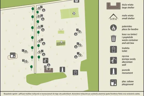Mapa Puszczy Kampinoskiej z zaznaczonymi wiatami, paleniskami, boiskiem, placem zabaw i toaletą.