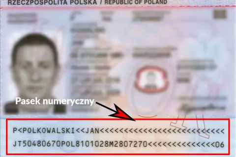 Pasek numeryczny dokumentu tożsamości, zawierający dane jak nazwisko, imię i numer paszportu, niezbędne do uzyskania wizy.