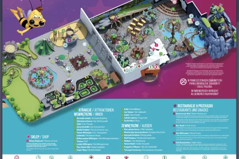 Plan parku rozrywki z atrakcjami, restauracjami i sklepem. Sprawdź majaland cennik i zaplanuj wizytę!