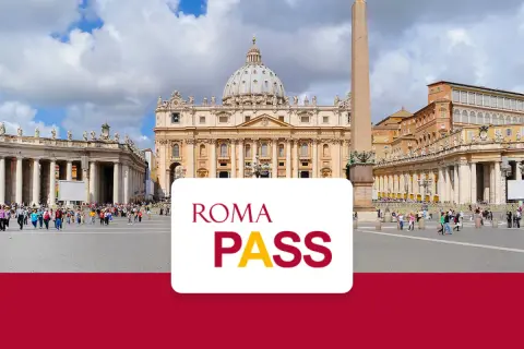 Plac Świętego Piotra w Rzymie z kopułą Bazyliki i obeliskiem. Na pierwszym planie biały prostokąt z napisem "ROMA PASS".