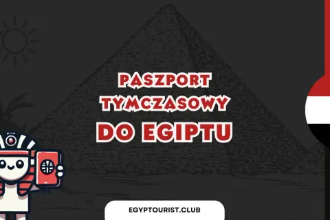 Urocza postać w stroju faraona trzyma paszport tymczasowy do Egiptu. W tle piramida i flaga Egiptu.