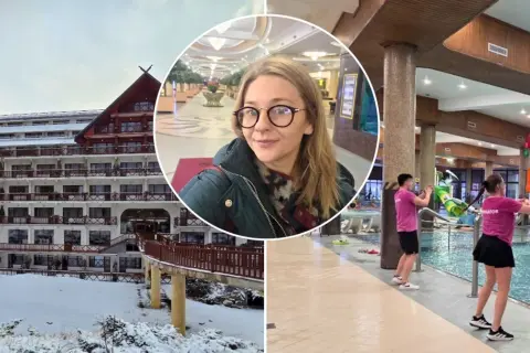 Hotel Gołębiewski zimą, kobieta w holu i basen z atrakcjami.