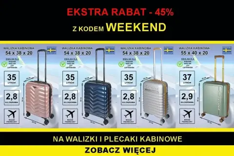 Walizki kabinowe idealne dla Ryanair, Wizz Air, LOT. Wymiary Ryanair 54x38x20 cm, 35 litrów, 2,8 kg.