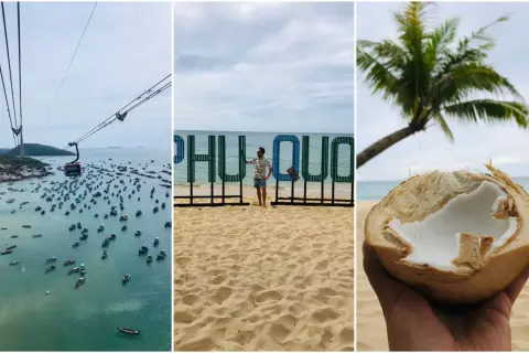 Wietnam plaże: widok z kolejki linowej na zatokę pełną łodzi, mężczyzna na plaży przy napisie "Phu Quoc" i kokos w dłoni.