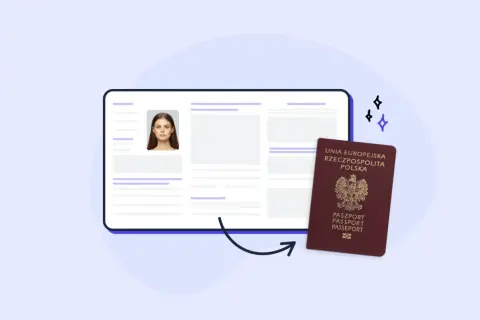 Elektroniczny formularz z danymi i zdjęciem, obok polski paszport. Ułatwia to złożenie wniosku o paszport online.