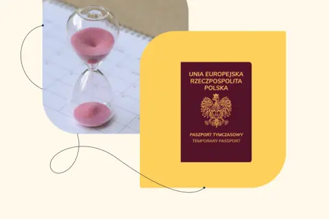 Koniec czasu na lotnisku? Paszport tymczasowy i klepsydra symbolizują pilną potrzebę podróży.