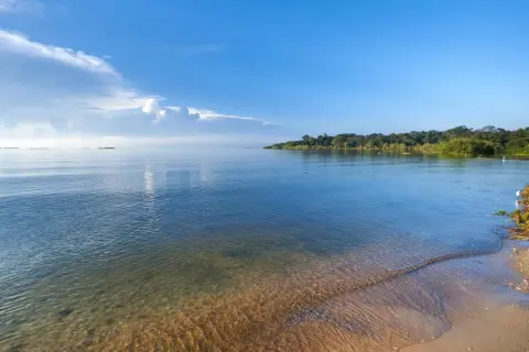 Spokojne, **duże jezioro w Afryce** o przejrzystej wodzie, z piaszczystym brzegiem i bujną zielenią w tle.