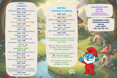 Smerf animator zaprasza na sobotnie i niedzielne atrakcje: kino, aquapark, zabawy i imprezy.