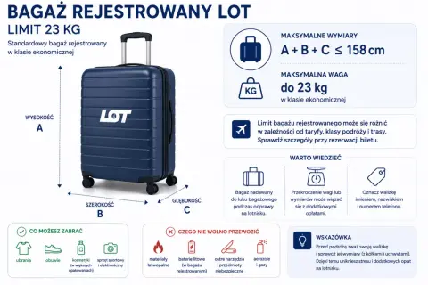 Bagaż rejestrowany LOT: wymiary A+B+C ≤ 158 cm, waga do 23 kg. Sprawdź wymiary walizki przed podróżą, by uniknąć opłat.