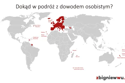 Mapa świata z zaznaczonymi terytoriami dostępnymi na wakacje bez paszportu: Europa, wyspy atlantyckie, Karaiby, Reunion, Majotta, Nowa Kaledonia, Polinezja Francuska.