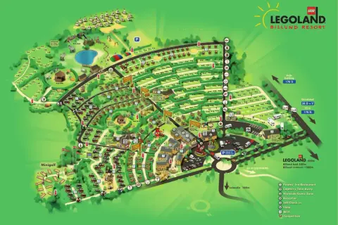 Mapa kempingu Legoland Billund Resort. Znajdź swój domek, minigolfa lub restaurację. Ciesz się wakacjami w Legolandzie!