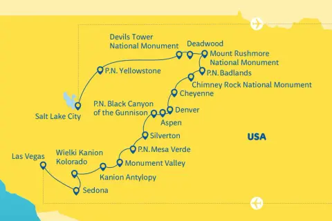 Mapa USA z trasą przez parki narodowe: Yellowstone, Black Canyon, Mesa Verde, Wielki Kanion Kolorado, Antelope Canyon, Sedona, Las Vegas, Salt Lake City, Devils Tower, Mount Rushmore, Badlands, Chimney Rock.