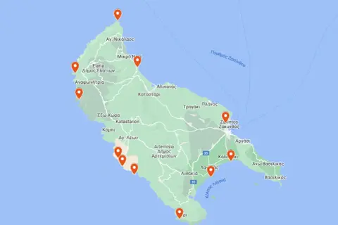 Mapa z zaznaczonymi miejscami na Zakynthos. Planujesz podróż i zastanawiasz się, co zobaczyć na Zakynthos? Ta mapa pomoże Ci zaplanować trasę.