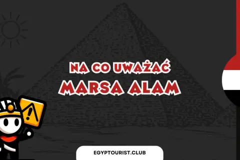 Urocza postać faraona ostrzega: na co uważać w Marsa Alam. Słońce, palma i piramida w tle.