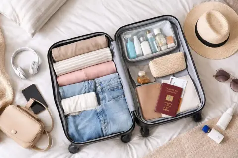 Pakowanie bagażu podręcznego: ubrania, kosmetyki, paszport, słuchawki, telefon, torebka, kapelusz.