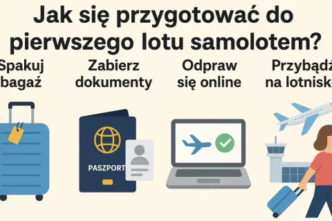 Pierwszy raz na lotnisku? Spakuj bagaż, zabierz dokumenty, odpraw się online i przybądź na lotnisko. Ilustracja pokazuje te kroki.