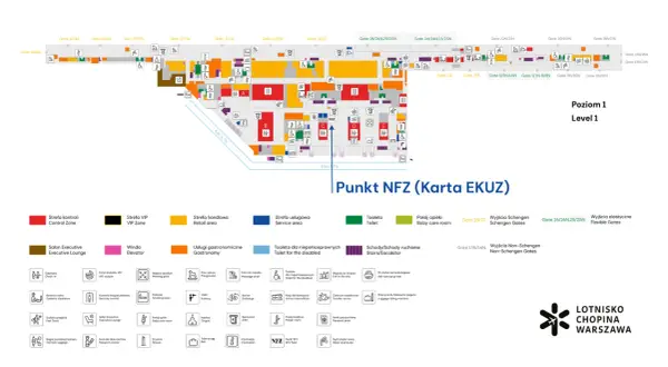 Mapa lotniska Chopina w Warszawie, Poziom 1. Widoczna jest karta EKUZ, oznaczenia bramek, stref kontroli, handlowych, usługowych, toalet i innych udogodnień.