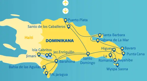 Mapa turystyczna Dominikany. Zobacz miejsca takie jak Santo Domingo, Punta Cana, Puerto Plata i Wyspa Saona.