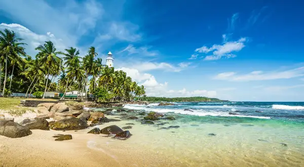 Tropikalna plaża na Sri Lance z latarnią morską i palmami. Bezpieczne podróżowanie dzięki szczepieniom.