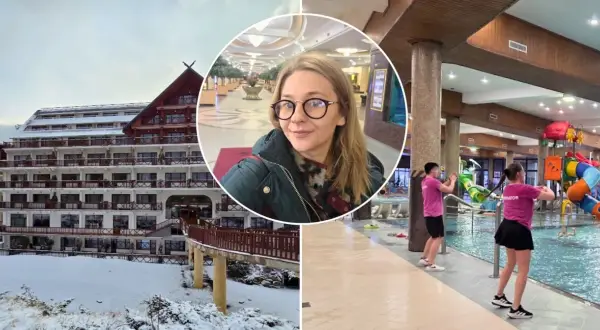 Hotel Gołębiewski zimą, kobieta w holu i basen z atrakcjami.