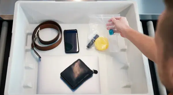 Kuba przygotowuje się do lotów, wykładając rzeczy do kontroli bezpieczeństwa: pasek, telefon, portfel, laptop i kosmetyczkę.