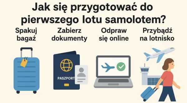Pierwszy raz na lotnisku? Spakuj bagaż, zabierz dokumenty, odpraw się online i przybądź na lotnisko. Ilustracja pokazuje te kroki.