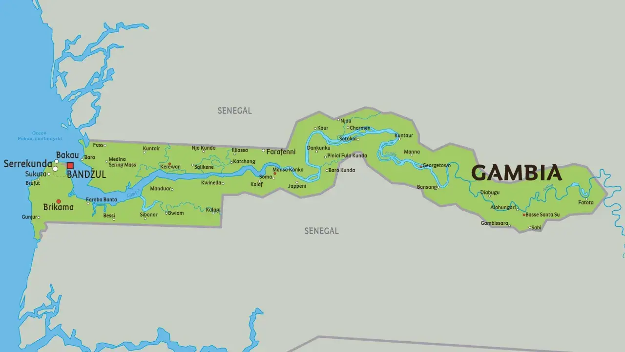 Mapa Gambii z zaznaczonymi miastami i rzeką. Wiele miejsc, gdzie mogą być prowadzone gambia szczepienia.