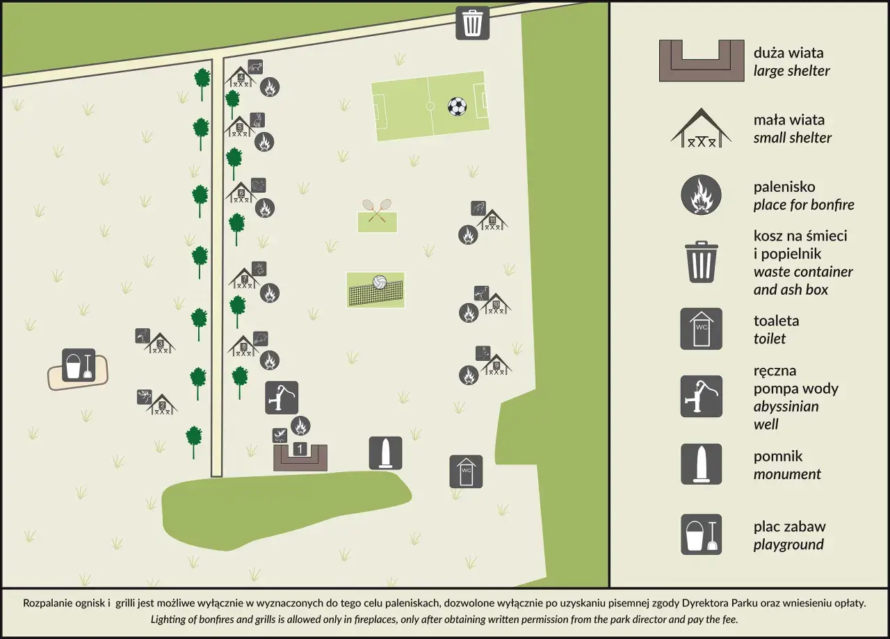 Mapa Puszczy Kampinoskiej z zaznaczonymi wiatami, paleniskami, boiskiem, placem zabaw i toaletą.