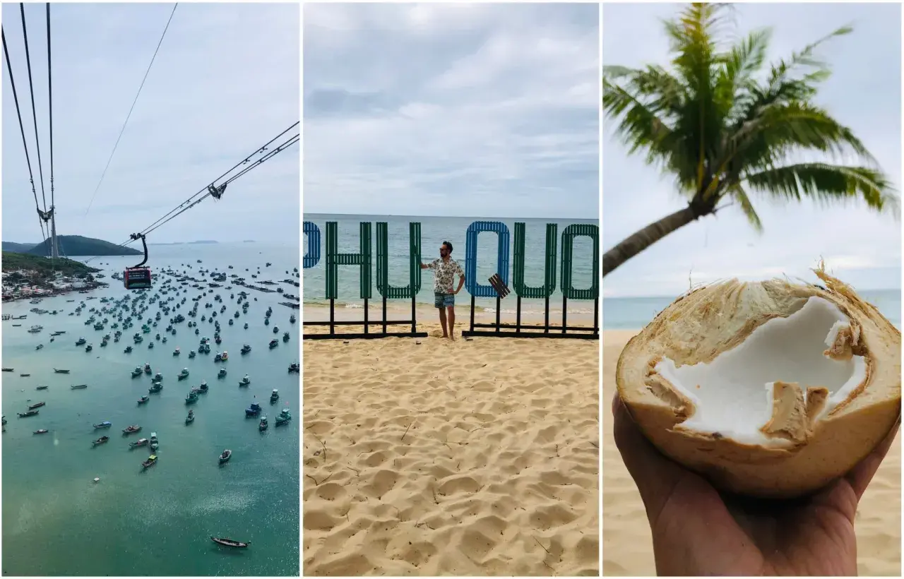Wietnam plaże: widok z kolejki linowej na zatokę pełną łodzi, mężczyzna na plaży przy napisie "Phu Quoc" i kokos w dłoni.