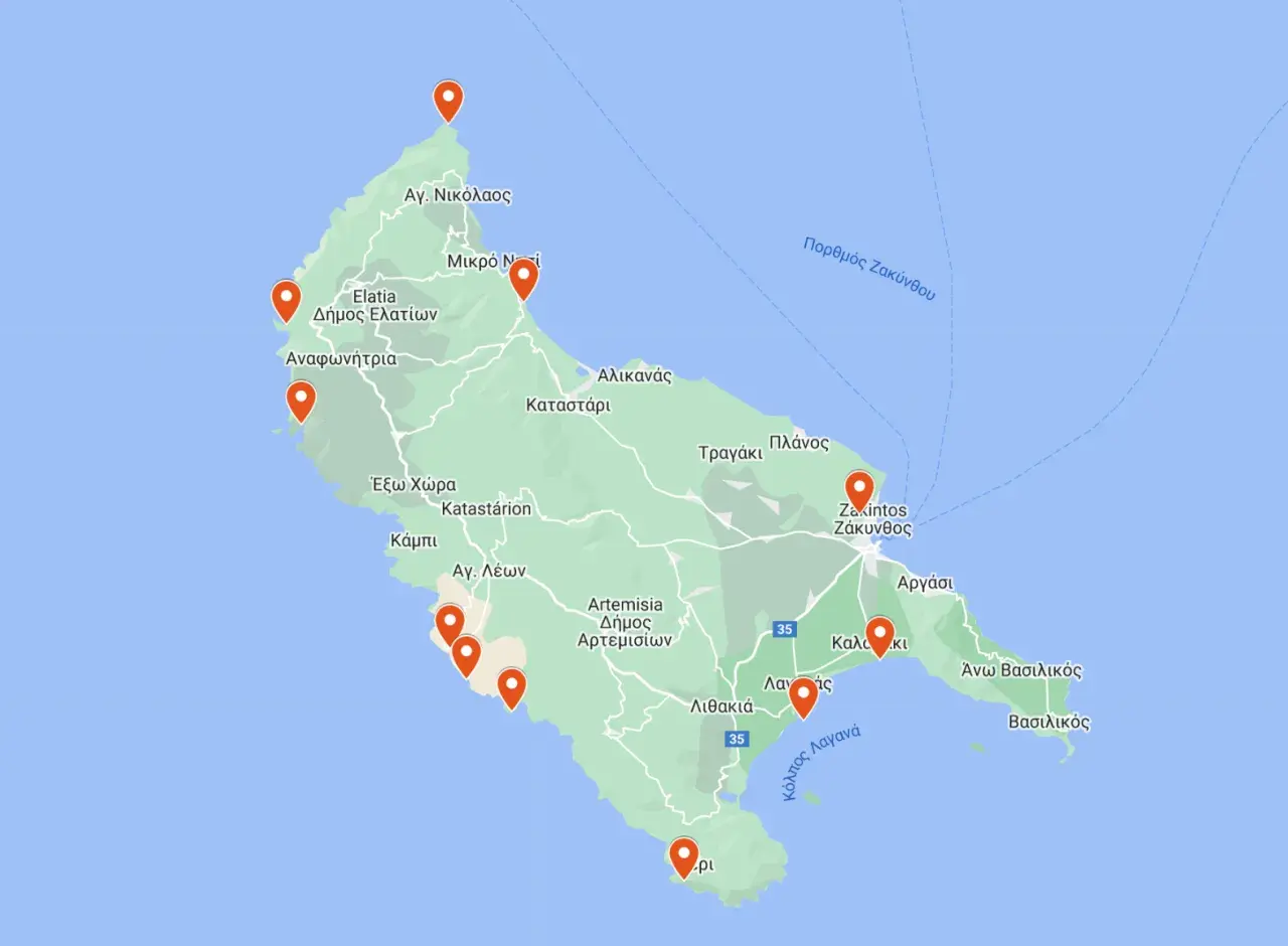 Mapa z zaznaczonymi miejscami na Zakynthos. Planujesz podróż i zastanawiasz się, co zobaczyć na Zakynthos? Ta mapa pomoże Ci zaplanować trasę.
