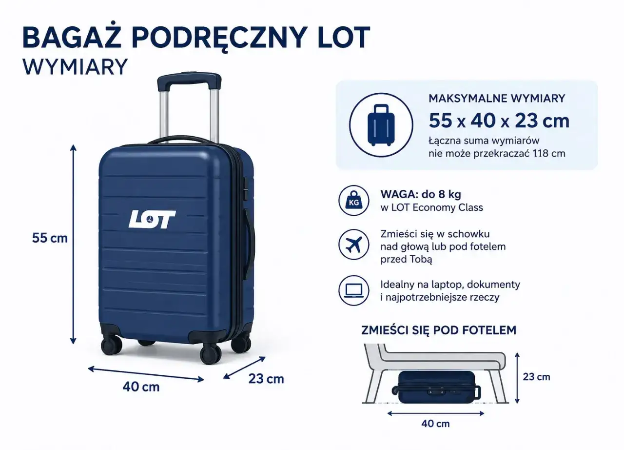 Granatowa walizka kabinowa LOT, idealna na podróż Boeingiem Dreamliner. Wymiary 55x40x23 cm, waga do 8 kg.