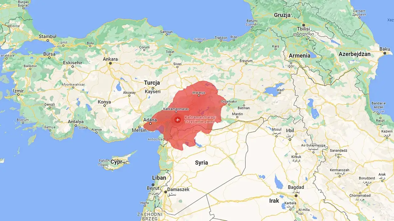 Mapa Turcji z zaznaczonym obszarem dotkniętym trzęsieniem ziemi w okolicach Kahramanmaraş.