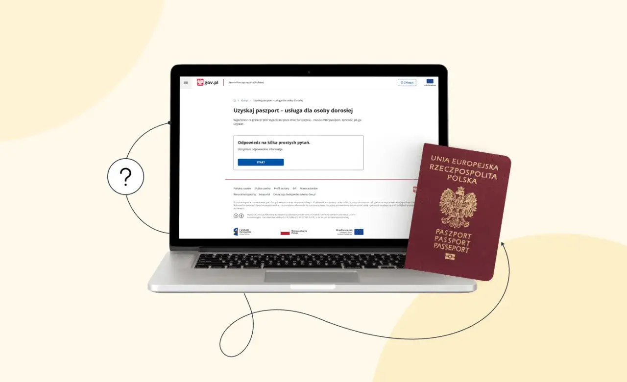 Ubieganie się o paszport online na gov.pl. Laptop i paszport symbolizują łatwy proces składania wniosku.