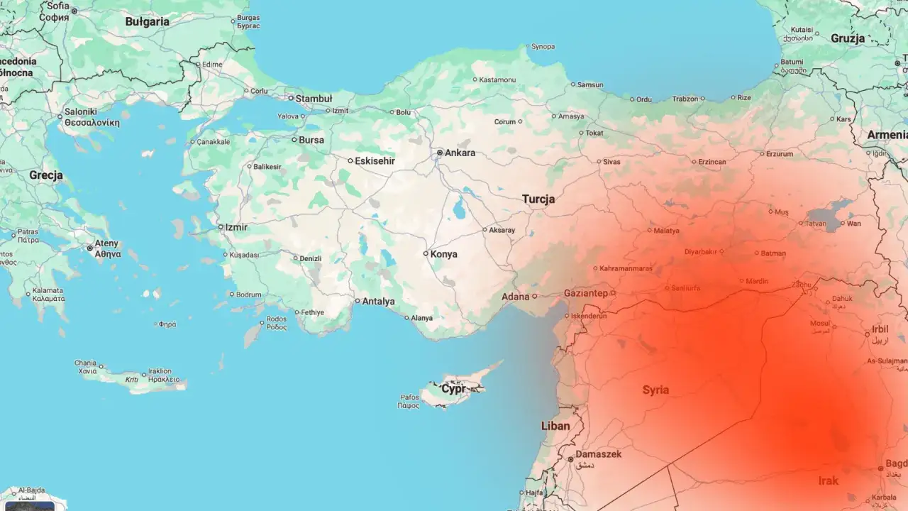 Mapa Europy i Bliskiego Wschodu z zaznaczonymi obszarami. Sytuacja w Turcji dzisiaj jest niepokojąca, widoczne czerwone strefy wskazują na zagrożenie.