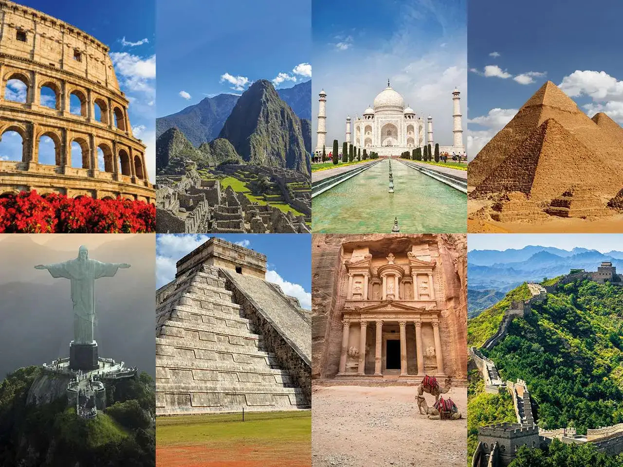 Kolaż przedstawia cuda świata: Koloseum, Machu Picchu, Tadż Mahal, piramidy w Gizie, Chrystusa Odkupiciela, Chichen Itza, Petrę i Wielki Mur Chiński.