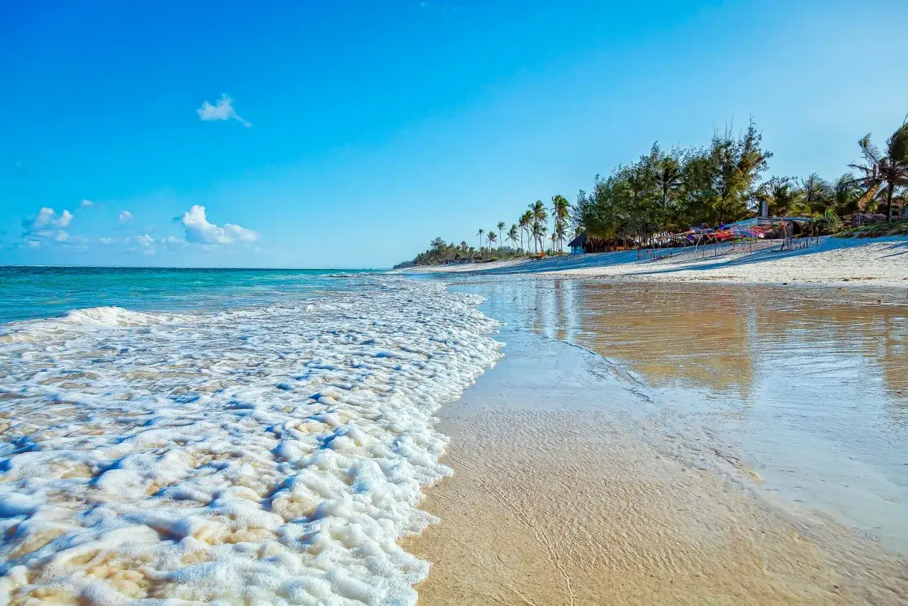 Piana morska na plaży Diani, turkusowa woda i palmy w tle. Idealne miejsce na relaks.