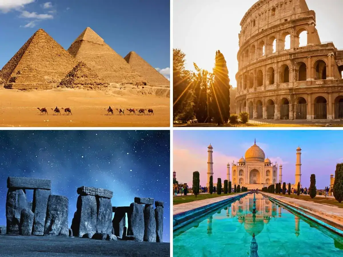 Wspaniałe zabytki świata: piramidy w Gizie, Koloseum, Stonehenge nocą i Taj Mahal.