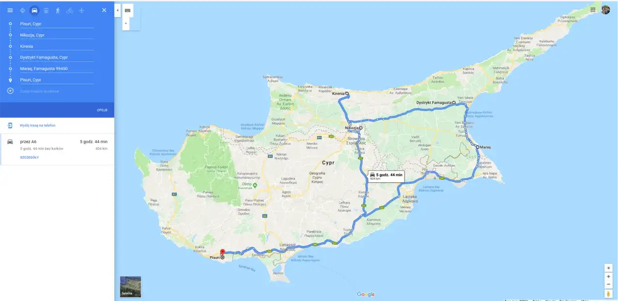 Trasa przez Cypr: Pisuri, Nikozja, Famagusta, Maraş. Czy Cypr jest bezpieczny? Mapa pokazuje drogę, która wydaje się bezpieczna.