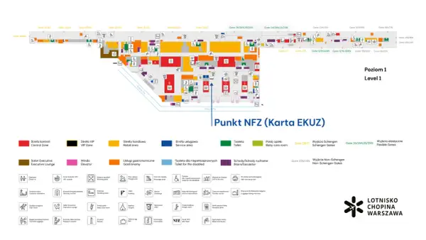 Mapa lotniska Chopina w Warszawie, Poziom 1. Widoczna jest karta EKUZ, oznaczenia bramek, stref kontroli, handlowych, usługowych, toalet i innych udogodnień.