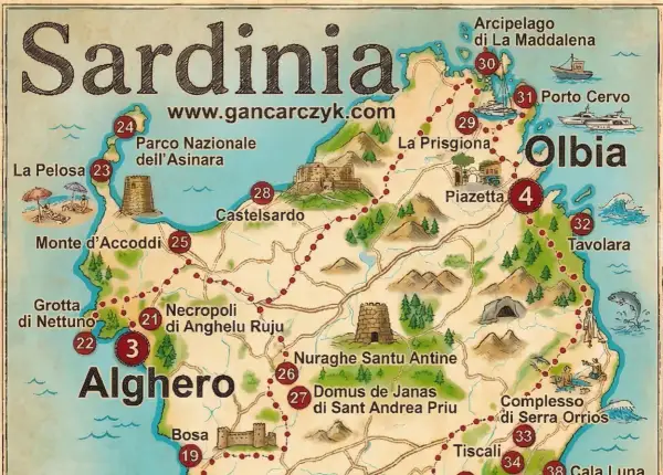 Mapa Sardynii z zaznaczonymi atrakcjami: Alghero, Olbia, Porto Cervo, La Pelosa. Co zobaczyć na wyspie?