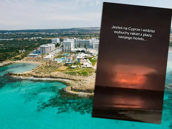 Widok na kurort na Cyprze z hotelami i plażą. Na pierwszym planie tekst: "Jesteś na Cyprze i widzisz wybuchy rakiet z plaży swojego hotelu...". Czy Cypr jest bezpieczny?