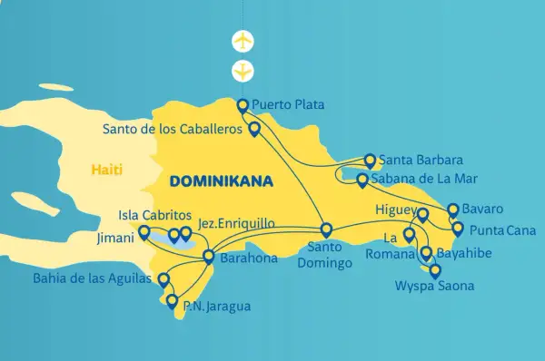 Mapa turystyczna Dominikany. Zobacz miejsca takie jak Santo Domingo, Punta Cana, Puerto Plata i Wyspa Saona.