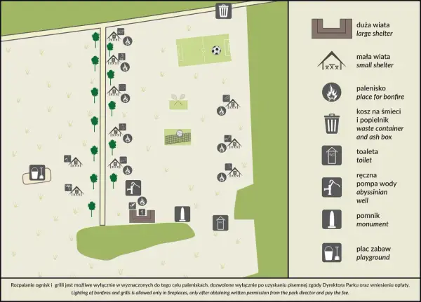 Mapa Puszczy Kampinoskiej z zaznaczonymi wiatami, paleniskami, boiskiem, placem zabaw i toaletą.