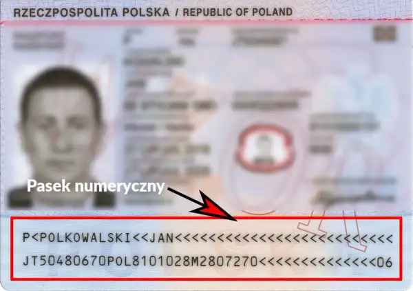 Pasek numeryczny dokumentu tożsamości, zawierający dane jak nazwisko, imię i numer paszportu, niezbędne do uzyskania wizy.