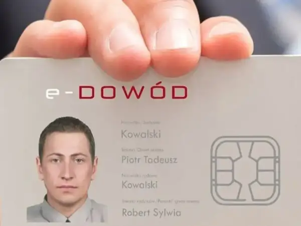 e-dowód tożsamości strefy eog z danymi Piotra Tadeusza Kowalskiego. Widoczny chip i zdjęcie.
