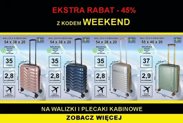 Walizki kabinowe idealne dla Ryanair, Wizz Air, LOT. Wymiary Ryanair 54x38x20 cm, 35 litrów, 2,8 kg.