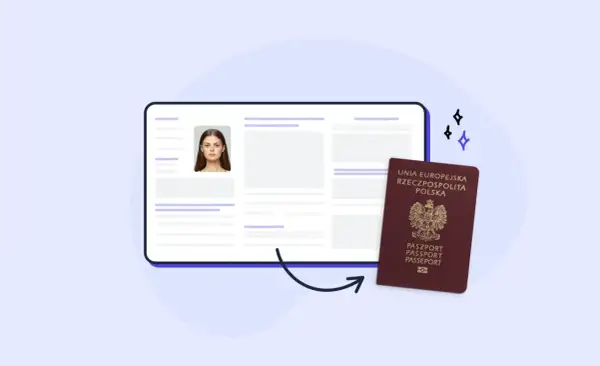 Elektroniczny formularz z danymi i zdjęciem, obok polski paszport. Ułatwia to złożenie wniosku o paszport online.